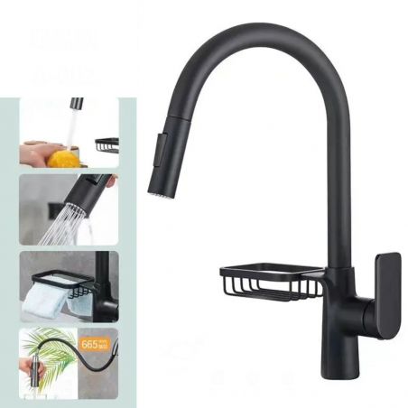 Baterie de bucatarie, dus extractibil 2 Jeturi, suport inclus, pipa rotativa 360 de grade, culoare negru, Favio