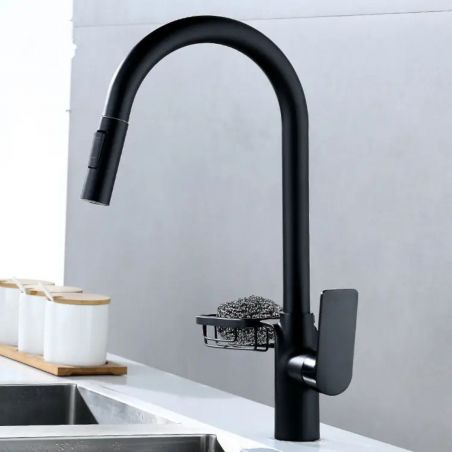 Baterie de bucatarie, dus extractibil 2 Jeturi, suport inclus, pipa rotativa 360 de grade, culoare negru, Favio