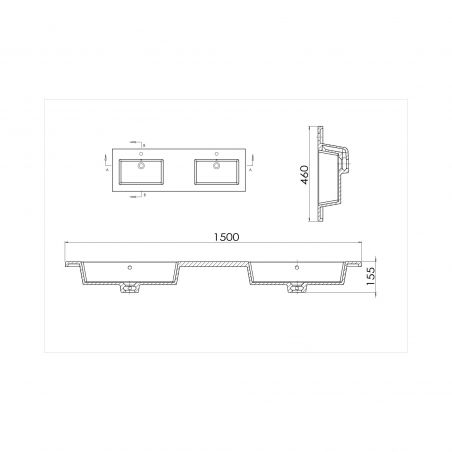 Lavoar dublu Paola, compozit mineral, montaj semi-incastrat, cu 2 gauri de baterie, 150x46 cm