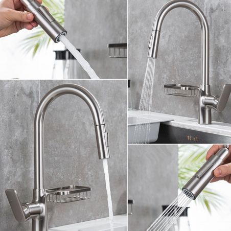 Baterie de bucatarie, dus extractibil 2 Jeturi, suport inclus, pipa rotativa 360 de grade, culoare negru, Favio