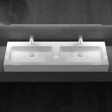 Lavoar dublu EGO 830, Alb, lucios, 140x48 cm, montaj pe blat sau suspendat, compozit marmura, cu doua gauri de baterie