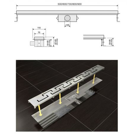 Rigola scurgere dus, EGO-Wave, dimensiuni intre 50-100 cm, completa, inox inoxidabil
