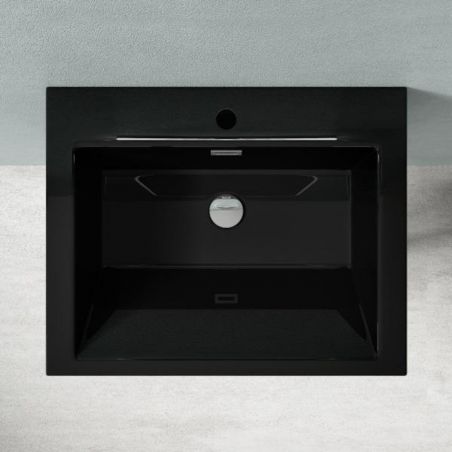 Lavoar stativ EGO 07, Negru Mat, 60x48x83 cm, montaj podea, compozit marmura, gaura baterie, preaplin, design exclusivist