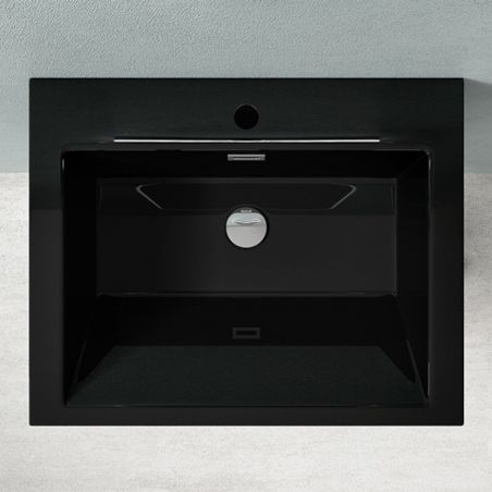 Lavoar stativ EGO 07, Negru Mat, 60x48x83 cm, montaj podea, compozit marmura, gaura baterie, preaplin, design exclusivist