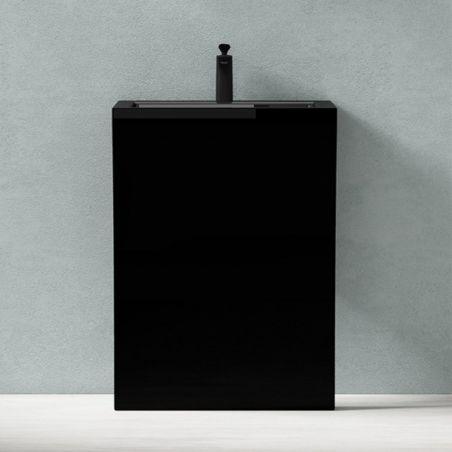 Lavoar stativ EGO 07, Negru Mat, 60x48x83 cm, montaj podea, compozit marmura, gaura baterie, preaplin, design exclusivist