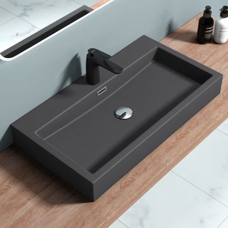 Lavoar EGO 06, Antracit mat, dimensiune: 76.5 cm, montaj pe blat sau suspendat, compozit marmura, cu gaura baterie