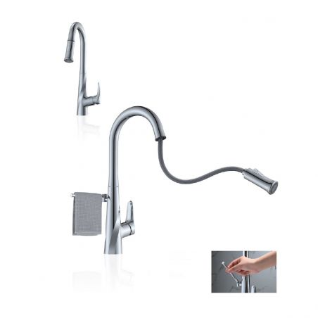 Baterie bucatarie, suport inclus, dus extractabil, 2 jeturi, pipa flexibila si rotativa 360°, Crom, Tomis
