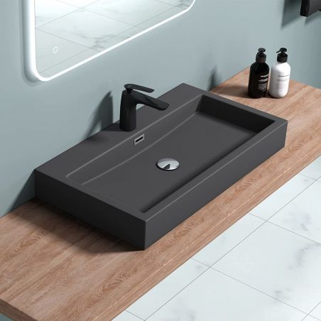 Lavoar EGO 06, Antracit mat, dimensiune: 76.5 cm, montaj pe blat sau suspendat, compozit marmura, cu gaura baterie