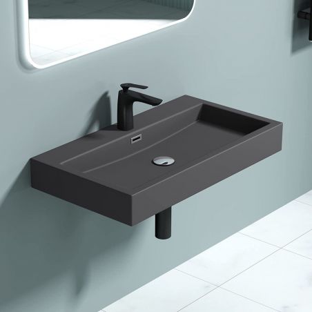 Lavoar EGO 06, Antracit mat, dimensiune: 76.5 cm, montaj pe blat sau suspendat, compozit marmura, cu gaura baterie