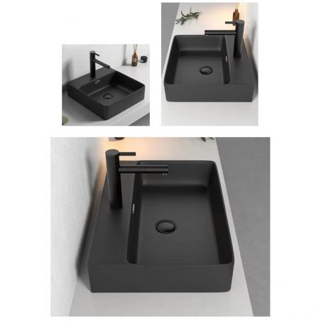 Lavoar, Negru Mat, 60x42 cm, montaj suspendat sau pe blat, cu o gaura de baterie, ceramica sanitara, Mino
