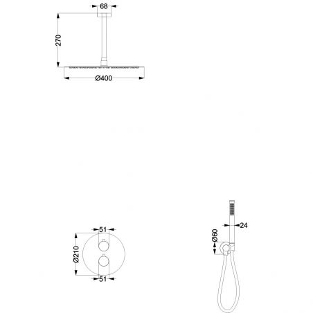 Sistem dus, Auriu Mat, montaj din tavan, baterie incastrata cu termostat, dus tip ploaie, diametru 40 cm, Apolo