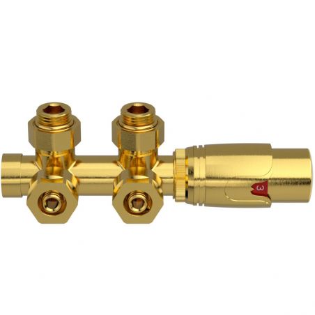 Set robinet, cap termostatic cu ventil, alama, 5 trepte reglabile, tur-retur, Auriu Mat