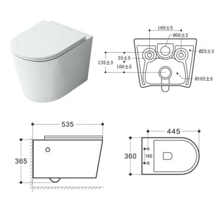 Vas wc suspendat cu functie de bideu A601, 53x36 cm, Rimless, Alb, Tehnologie Powerflush, capac Soft-Close, ceramica sanitara