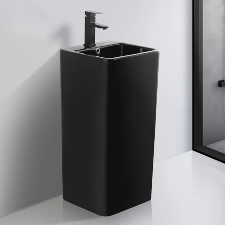 Lavoar stativ freestanding, Negru Lucios, 40x40x84 cm, cu gaura de baterie, montaj pe podea, ceramica sanitara, Bufon