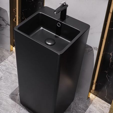 Lavoar stativ freestanding, Negru Lucios, 40x40x84 cm, cu gaura de baterie, montaj pe podea, ceramica sanitara, Bufon