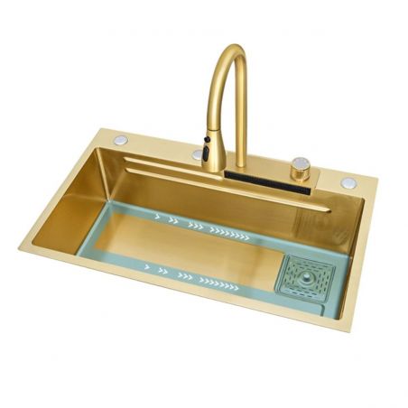 Statie chiuveta Bucatarie, Spalator Pahare, Baterie, Dozator sapun, otel inoxidabil, Auriu Periat, 80x45 cm, Zeno