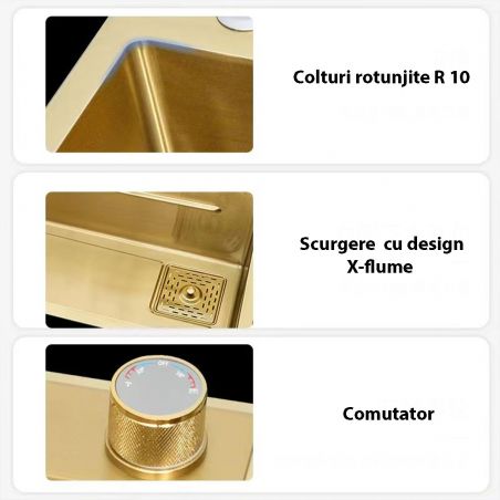 Statie chiuveta Bucatarie, Spalator Pahare, Baterie, Dozator sapun, otel inoxidabil, Auriu Periat, 80x45 cm, Zeno