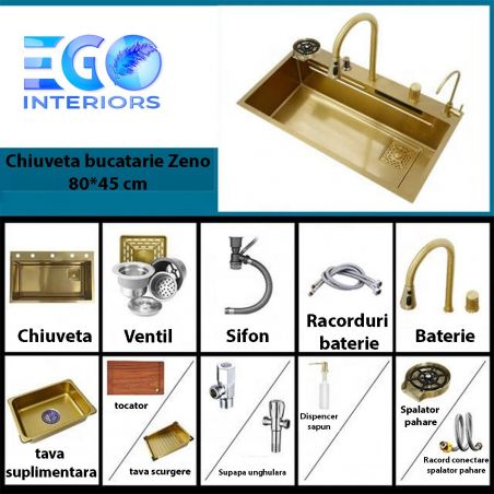 Statie chiuveta Bucatarie, Spalator Pahare, Baterie, Dozator sapun, otel inoxidabil, Auriu Periat, 80x45 cm, Zeno