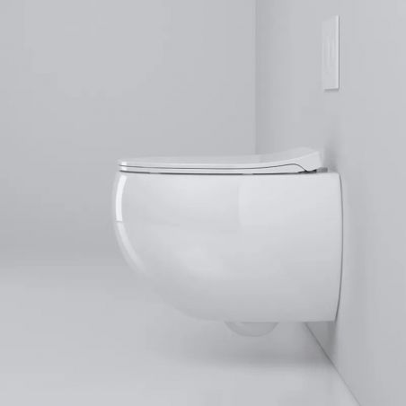 Vas wc, montaj suspendat, Rimless,  Alb Lucios, 47x45 cm, ceramica santiara, capac duroplast cu Soft Close, Roli