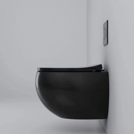Vas wc, montaj suspendat, Rimless, Negru Mat, Power colour, 47x45 cm, ceramica santiara, capac duroplast cu Soft Close, Roli