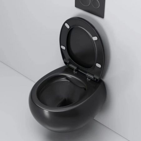 Vas wc, montaj suspendat, Rimless, Negru Mat, Power colour, 47x45 cm, ceramica santiara, capac duroplast cu Soft Close, Roli