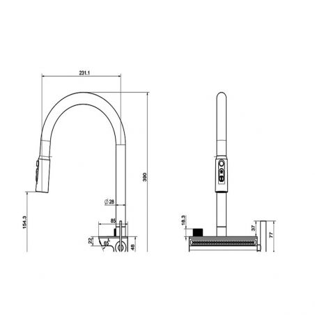 Baterie bucatarie, Display Digital Hidroelectric cu Cascada, dus extractibil 3 tipuri, pipa rotativa 360 grade, Alb Mat, Ingrid