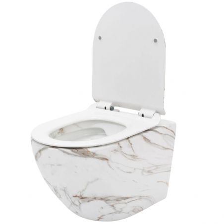 Vas Wc, finisaj marmura, Rimless, 49x37 cm, montaj suspendat, capac cu Soft-Close, ceramica sanitara, Ben