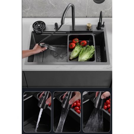Statie chiuveta Bucatarie, Spalator Pahare, Baterie, Dozator sapun, otel inoxidabil, Gun Negru, 80x45 cm, Zeno