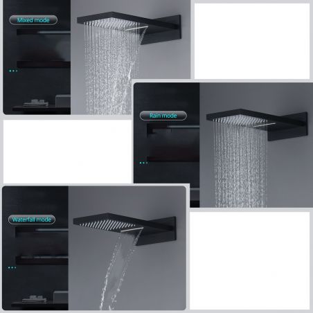 Sistem dus, dus tip ploaie si cascada cu montaj pe perete, baterie incastrata cu termostat, Negru, Gitano