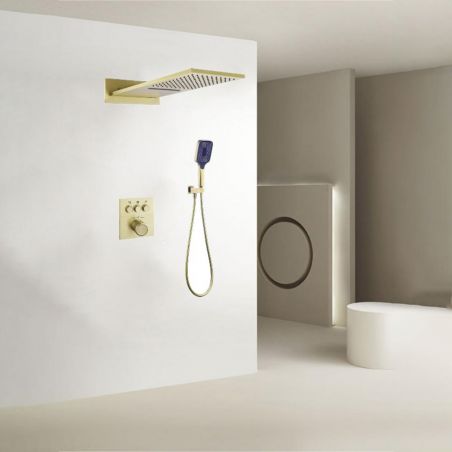 Sistem dus, dus tip ploaie si cascada cu montaj pe perete, baterie incastrata cu termostat, Auriu Mat, Gitano
