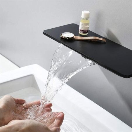 Baterie lavoar tip cascada, negru mat,  incastrat in perete, alama, monocomanda, Fantezia