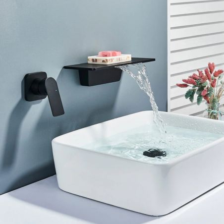 Baterie lavoar tip cascada, negru mat,  incastrat in perete, alama, monocomanda, Fantezia