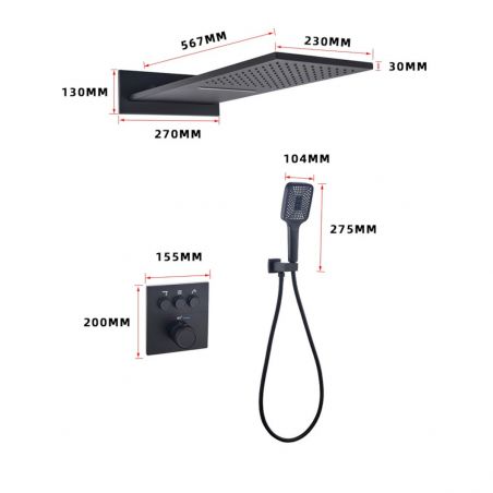 Sistem dus, dus tip ploaie si cascada cu montaj pe perete, baterie incastrata cu termostat, Auriu Mat, Gitano