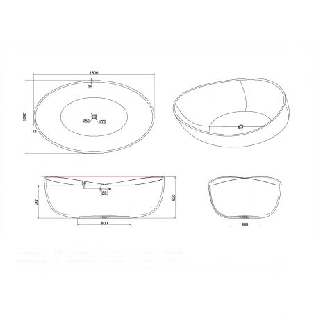 Cada de baie, freestanding, compozit mineral,  ventil negru inclus, Negru Mat, 180x109 cm, Lirio