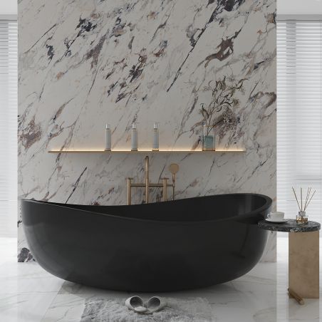 Cada de baie, freestanding, compozit mineral,  ventil negru inclus, Negru Mat, 180x109 cm, Lirio