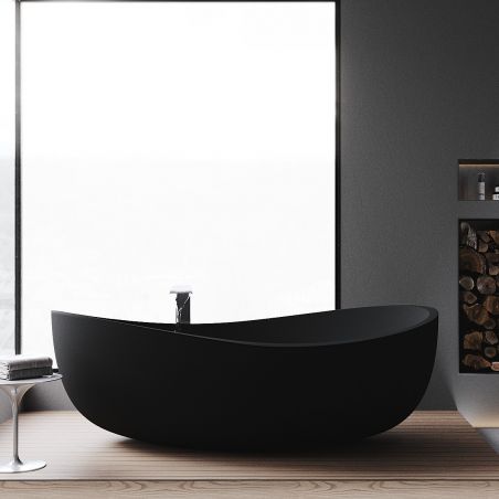 Cada de baie, freestanding, compozit mineral,  ventil negru inclus, Negru Mat, 180x109 cm, Lirio