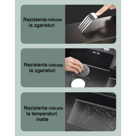 Statie chiuveta Bucatarie, Spalator Pahare, Baterie, Dozator sapun, otel inoxidabil, Gun Negru, 80x45 cm, Zeno