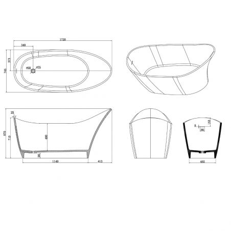 Cada de baie, freestanding, compozit mineral, ventil negru inclus, Negru Mat, 172x74 cm, Evelin
