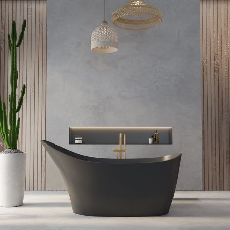 Cada de baie, freestanding, compozit mineral, ventil negru inclus, Negru Mat, 172x74 cm, Evelin