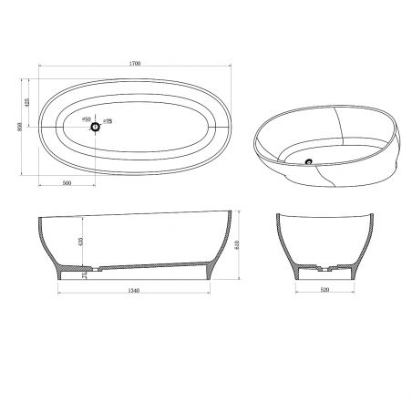 Cada de baie, freestanding, compozit mineral, ventil negru inclus, Negru Mat, 170x85 cm, Noemi