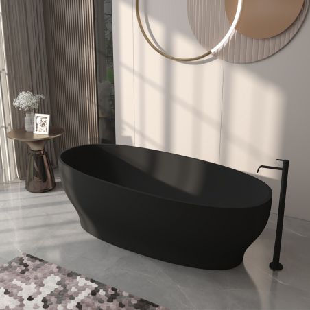 Cada de baie, freestanding, compozit mineral, ventil negru inclus, Negru Mat, 170x85 cm, Noemi