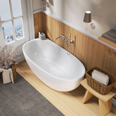 Cada de baie, freestanding cu montare pe colt,  compozit mineral, ventil alb inclus,Alb Lucios, 160x78 cm, Fifi