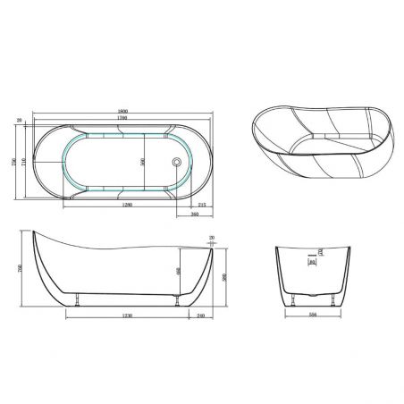 Cada de baie, freestanding, Acril, ventil inclus, Alb Lucios, 170-180 x 75 cm, Liza