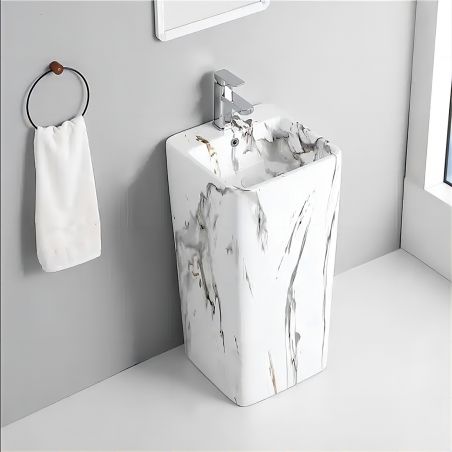 Lavoar stativ Imola Marble, cu gaura de baterie, 40x40x85 cm, montaj pe podea, ceramica sanitara