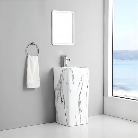 Lavoar stativ Imola Marble, cu gaura de baterie, 40x40x85 cm, montaj pe podea, ceramica sanitara