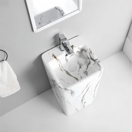 Lavoar stativ Imola Marble, cu gaura de baterie, 40x40x85 cm, montaj pe podea, ceramica sanitara