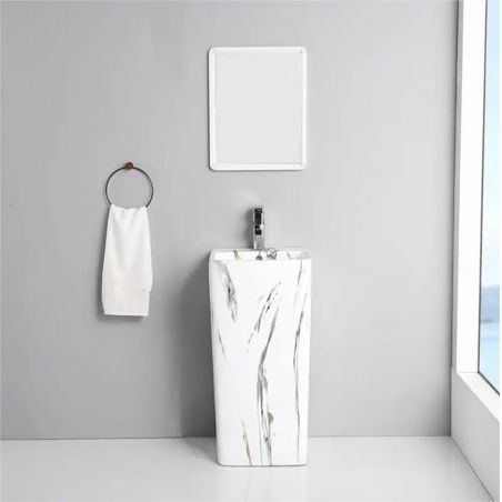 Lavoar stativ Imola Marble, cu gaura de baterie, 40x40x85 cm, montaj pe podea, ceramica sanitara