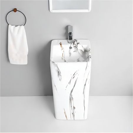 Lavoar stativ Imola Marble, cu gaura de baterie, 40x40x85 cm, montaj pe podea, ceramica sanitara