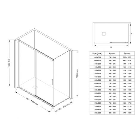 Cabina dus, perete fix si usa glisanta, sticla securizata de 6 mm, 70-90 x100-180 cm, profil Negru Mat, Hanes