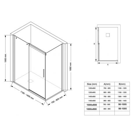 Cabina dus, perete fix si usa glisanta, sticla securizata de 6 mm, 70x90 x 100-160 cm, profil si maner Auriu Mat, Hanes